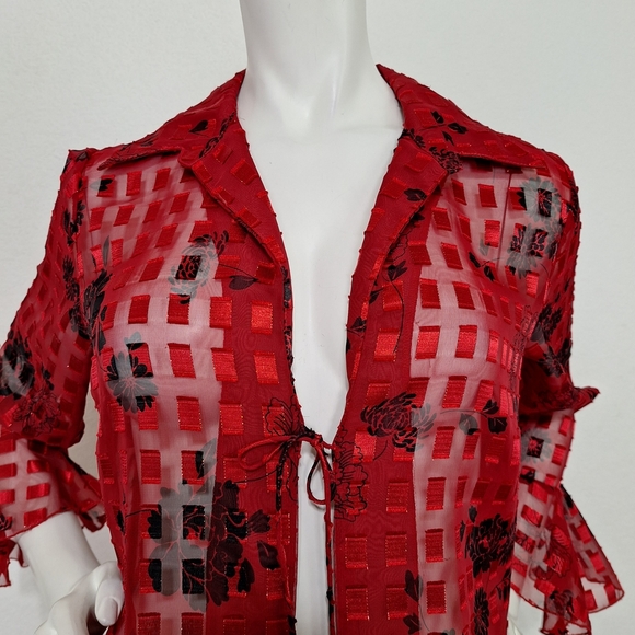 Notations Red Black Floral Romantic Academia Sheer Bell Sleeve Blouse Size M - Picture 2 of 12